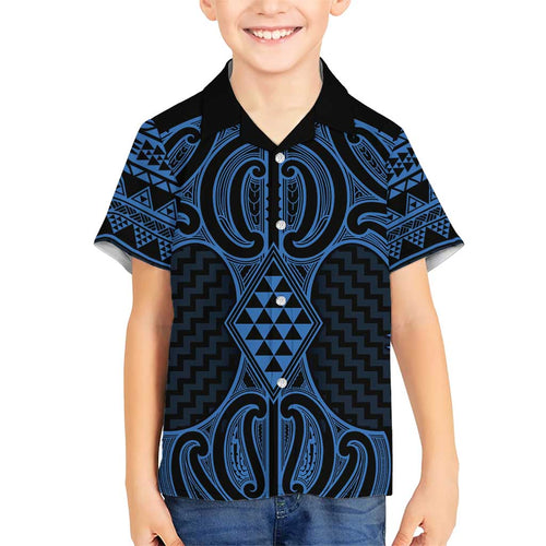 Kikorangi Maori Ta Moko Poutama Art Family Matching Short Sleeve Bodycon Dress and Hawaiian Shirt