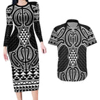 Ma Maori Ta Moko Poutama Art Couples Matching Long Sleeve Bodycon Dress and Hawaiian Shirt