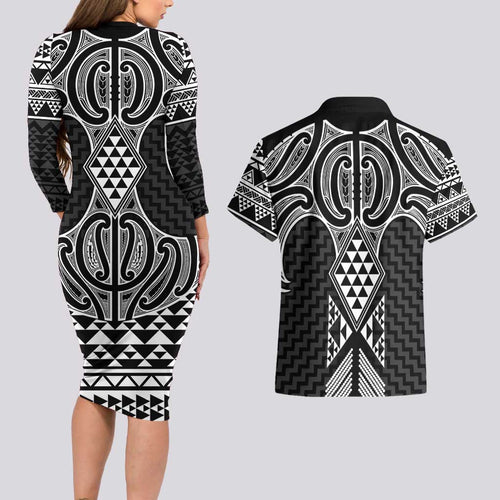 Ma Maori Ta Moko Poutama Art Couples Matching Long Sleeve Bodycon Dress and Hawaiian Shirt