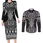 Ma Maori Ta Moko Poutama Art Couples Matching Long Sleeve Bodycon Dress and Long Sleeve Button Shirt