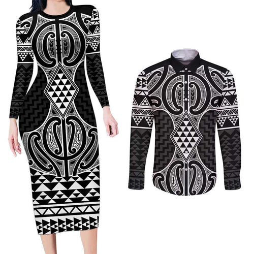 Ma Maori Ta Moko Poutama Art Couples Matching Long Sleeve Bodycon Dress and Long Sleeve Button Shirt