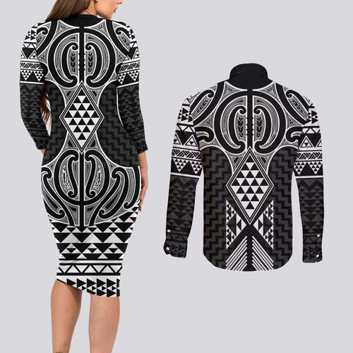 Ma Maori Ta Moko Poutama Art Couples Matching Long Sleeve Bodycon Dress and Long Sleeve Button Shirt