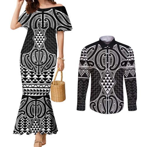 Ma Maori Ta Moko Poutama Art Couples Matching Mermaid Dress and Long Sleeve Button Shirt