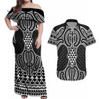 Ma Maori Ta Moko Poutama Art Couples Matching Off Shoulder Maxi Dress and Hawaiian Shirt