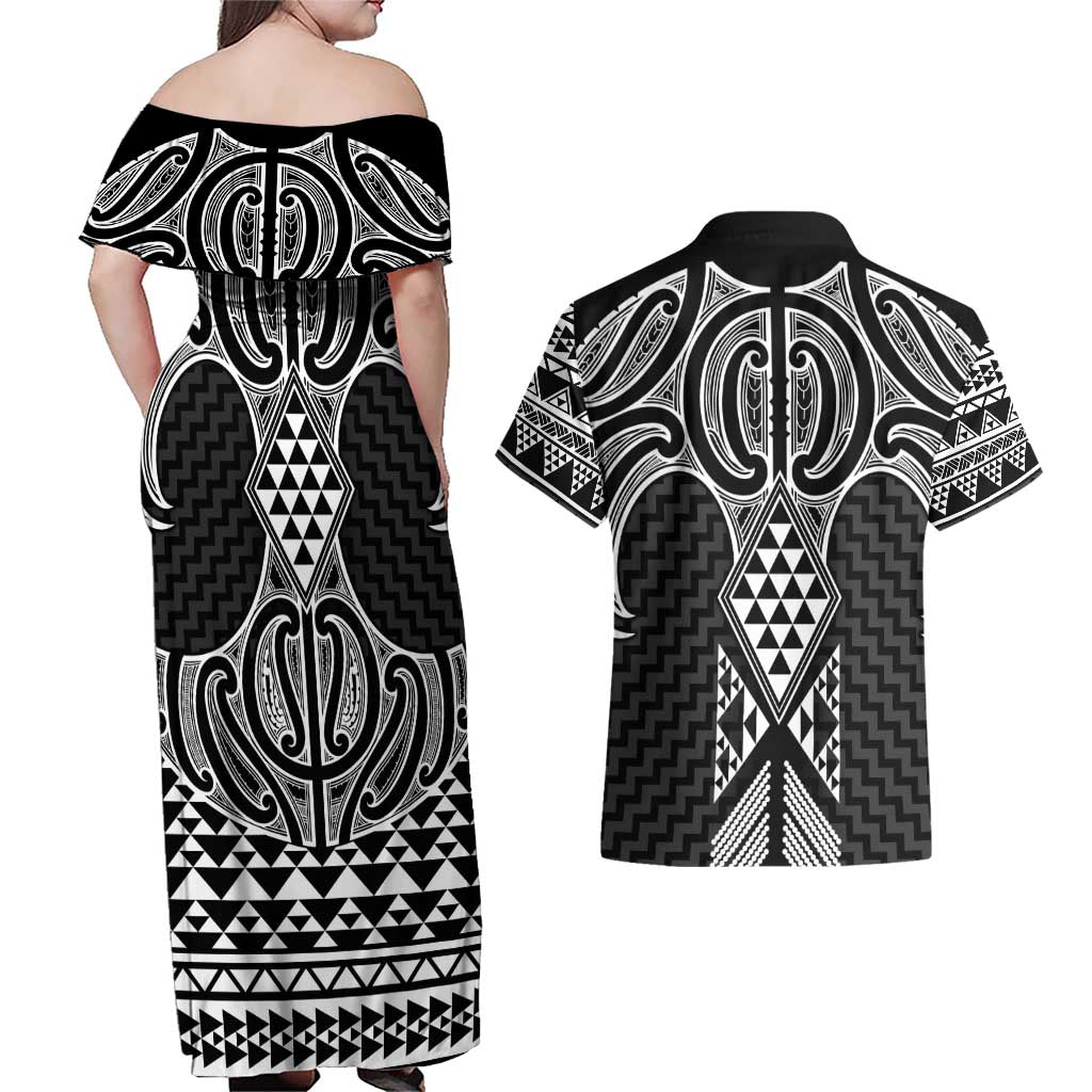 Ma Maori Ta Moko Poutama Art Couples Matching Off Shoulder Maxi Dress and Hawaiian Shirt