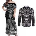 Ma Maori Ta Moko Poutama Art Couples Matching Off Shoulder Maxi Dress and Long Sleeve Button Shirt