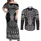 Ma Maori Ta Moko Poutama Art Couples Matching Off Shoulder Maxi Dress and Long Sleeve Button Shirt