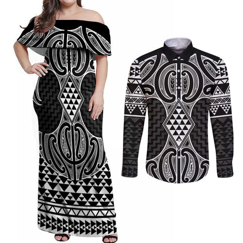 Ma Maori Ta Moko Poutama Art Couples Matching Off Shoulder Maxi Dress and Long Sleeve Button Shirt