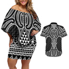 Ma Maori Ta Moko Poutama Art Couples Matching Off Shoulder Short Dress and Hawaiian Shirt