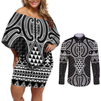 Ma Maori Ta Moko Poutama Art Couples Matching Off Shoulder Short Dress and Long Sleeve Button Shirt