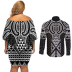 Ma Maori Ta Moko Poutama Art Couples Matching Off Shoulder Short Dress and Long Sleeve Button Shirt