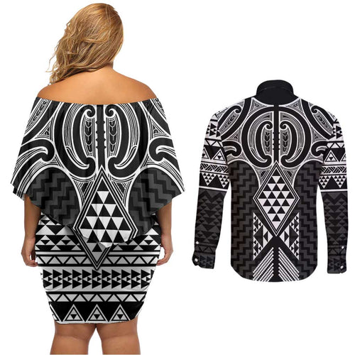 Ma Maori Ta Moko Poutama Art Couples Matching Off Shoulder Short Dress and Long Sleeve Button Shirt
