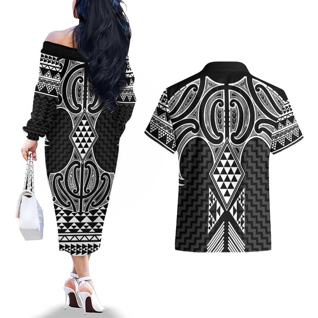 Ma Maori Ta Moko Poutama Art Couples Matching Off The Shoulder Long Sleeve Dress and Hawaiian Shirt