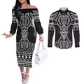Ma Maori Ta Moko Poutama Art Couples Matching Off The Shoulder Long Sleeve Dress and Long Sleeve Button Shirt