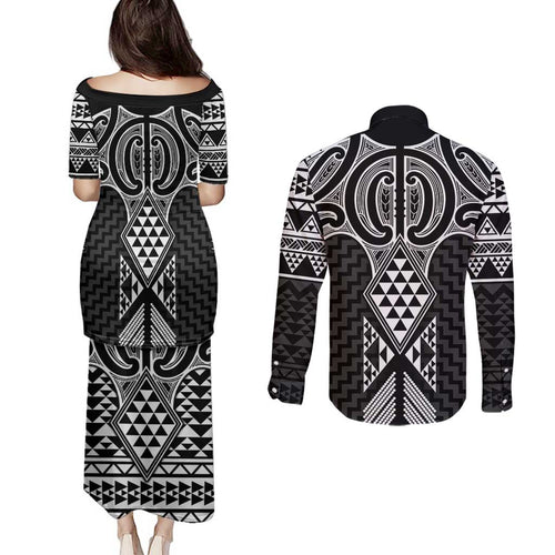 Ma Maori Ta Moko Poutama Art Couples Matching Puletasi and Long Sleeve Button Shirt