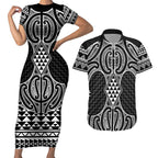 Ma Maori Ta Moko Poutama Art Couples Matching Short Sleeve Bodycon Dress and Hawaiian Shirt