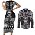 Ma Maori Ta Moko Poutama Art Couples Matching Short Sleeve Bodycon Dress and Long Sleeve Button Shirt