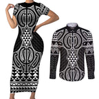 Ma Maori Ta Moko Poutama Art Couples Matching Short Sleeve Bodycon Dress and Long Sleeve Button Shirt