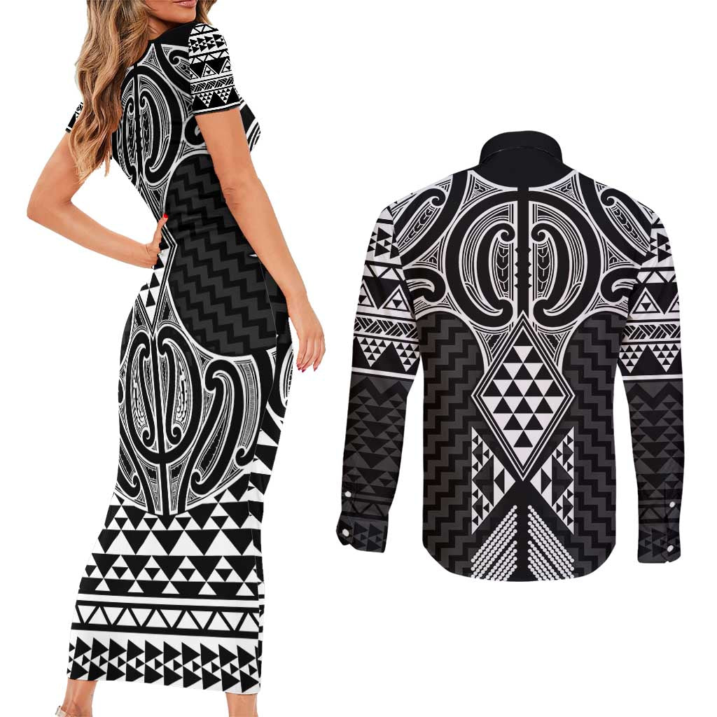 Ma Maori Ta Moko Poutama Art Couples Matching Short Sleeve Bodycon Dress and Long Sleeve Button Shirt