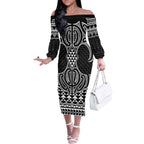 Ma Maori Ta Moko Poutama Art Off The Shoulder Long Sleeve Dress
