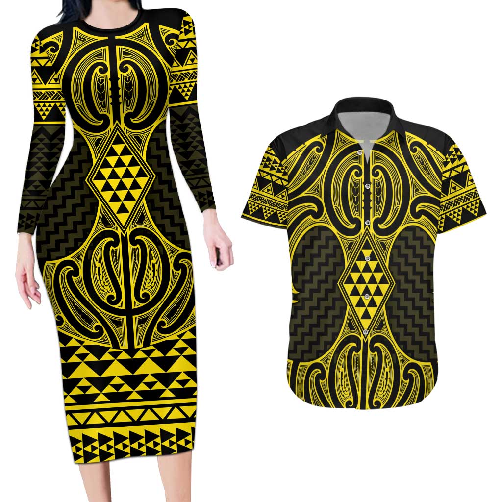 Mahi-dawg Maori Ta Moko Poutama Art Couples Matching Long Sleeve Bodycon Dress and Hawaiian Shirt