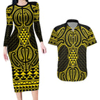 Mahi-dawg Maori Ta Moko Poutama Art Couples Matching Long Sleeve Bodycon Dress and Hawaiian Shirt