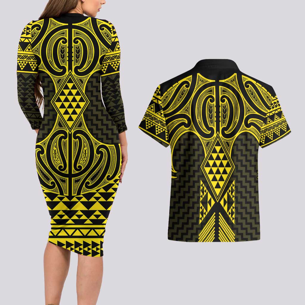 Mahi-dawg Maori Ta Moko Poutama Art Couples Matching Long Sleeve Bodycon Dress and Hawaiian Shirt