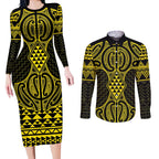 Mahi-dawg Maori Ta Moko Poutama Art Couples Matching Long Sleeve Bodycon Dress and Long Sleeve Button Shirt