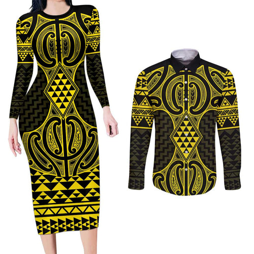 Mahi-dawg Maori Ta Moko Poutama Art Couples Matching Long Sleeve Bodycon Dress and Long Sleeve Button Shirt