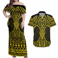 Mahi-dawg Maori Ta Moko Poutama Art Couples Matching Off Shoulder Maxi Dress and Hawaiian Shirt