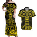 Mahi-dawg Maori Ta Moko Poutama Art Couples Matching Off Shoulder Maxi Dress and Hawaiian Shirt