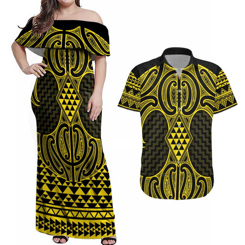 Mahi-dawg Maori Ta Moko Poutama Art Couples Matching Off Shoulder Maxi Dress and Hawaiian Shirt