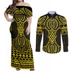 Mahi-dawg Maori Ta Moko Poutama Art Couples Matching Off Shoulder Maxi Dress and Long Sleeve Button Shirt