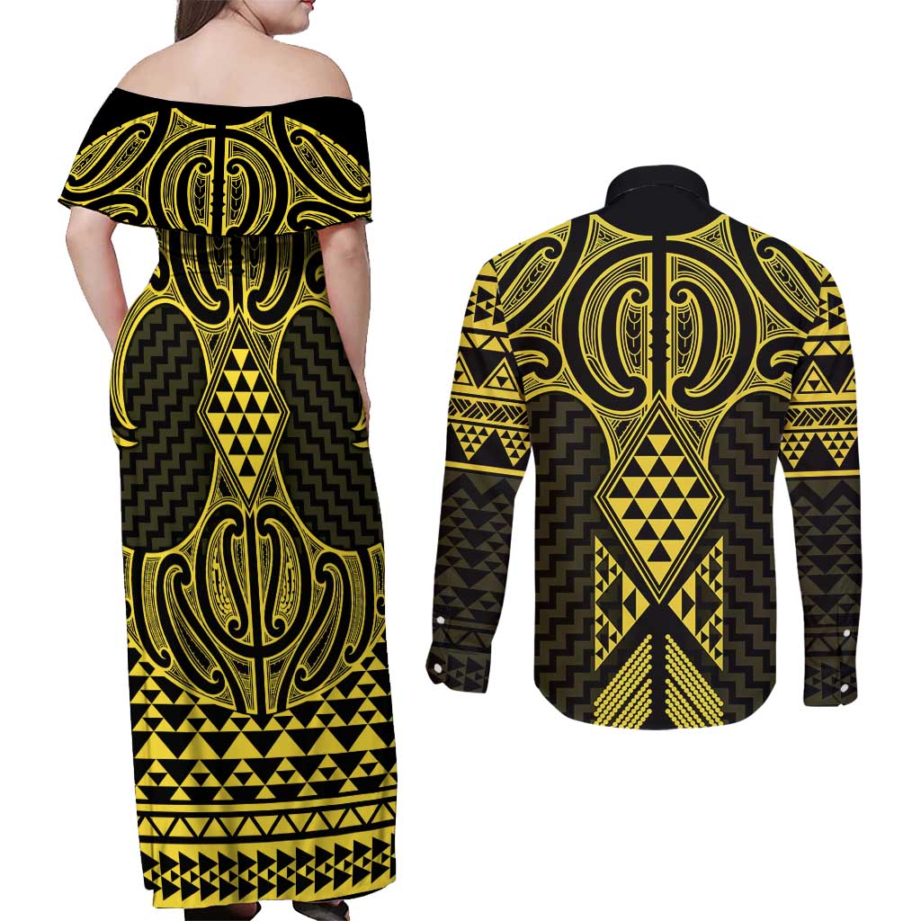 Mahi-dawg Maori Ta Moko Poutama Art Couples Matching Off Shoulder Maxi Dress and Long Sleeve Button Shirt
