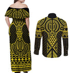 Mahi-dawg Maori Ta Moko Poutama Art Couples Matching Off Shoulder Maxi Dress and Long Sleeve Button Shirt