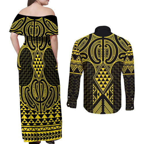 Mahi-dawg Maori Ta Moko Poutama Art Couples Matching Off Shoulder Maxi Dress and Long Sleeve Button Shirt