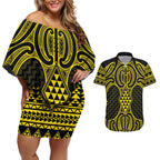 Mahi-dawg Maori Ta Moko Poutama Art Couples Matching Off Shoulder Short Dress and Hawaiian Shirt