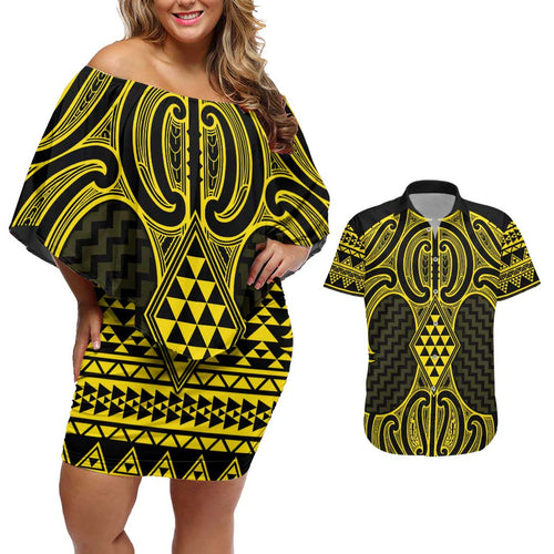 Mahi-dawg Maori Ta Moko Poutama Art Couples Matching Off Shoulder Short Dress and Hawaiian Shirt