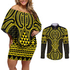 Mahi-dawg Maori Ta Moko Poutama Art Couples Matching Off Shoulder Short Dress and Long Sleeve Button Shirt
