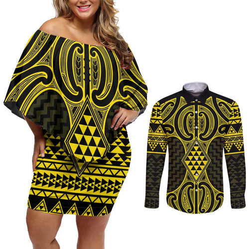 Mahi-dawg Maori Ta Moko Poutama Art Couples Matching Off Shoulder Short Dress and Long Sleeve Button Shirt