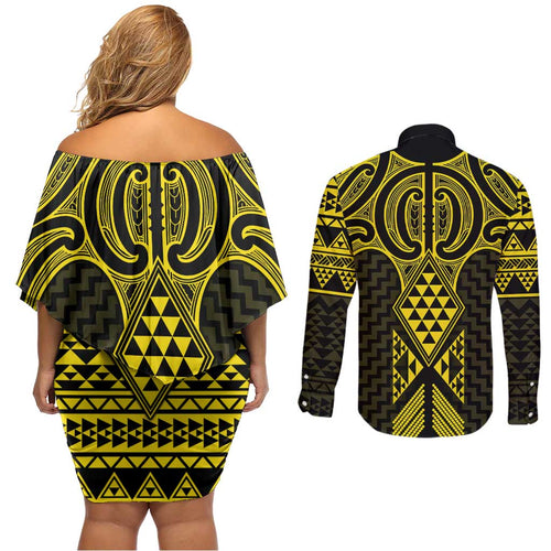 Mahi-dawg Maori Ta Moko Poutama Art Couples Matching Off Shoulder Short Dress and Long Sleeve Button Shirt