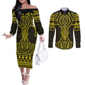 Mahi-dawg Maori Ta Moko Poutama Art Couples Matching Off The Shoulder Long Sleeve Dress and Long Sleeve Button Shirt