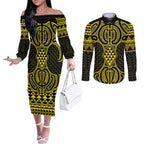 Mahi-dawg Maori Ta Moko Poutama Art Couples Matching Off The Shoulder Long Sleeve Dress and Long Sleeve Button Shirt