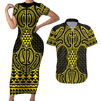 Mahi-dawg Maori Ta Moko Poutama Art Couples Matching Short Sleeve Bodycon Dress and Hawaiian Shirt