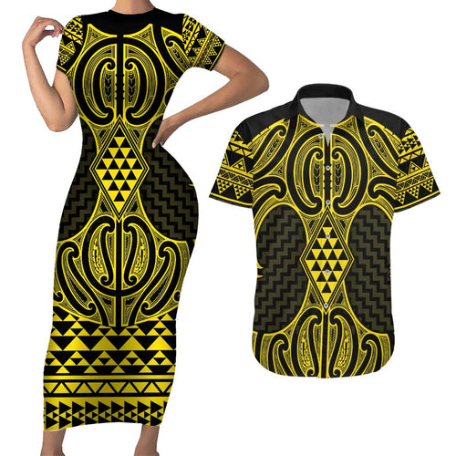 Mahi-dawg Maori Ta Moko Poutama Art Couples Matching Short Sleeve Bodycon Dress and Hawaiian Shirt