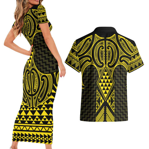 Mahi-dawg Maori Ta Moko Poutama Art Couples Matching Short Sleeve Bodycon Dress and Hawaiian Shirt