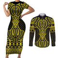 Mahi-dawg Maori Ta Moko Poutama Art Couples Matching Short Sleeve Bodycon Dress and Long Sleeve Button Shirt
