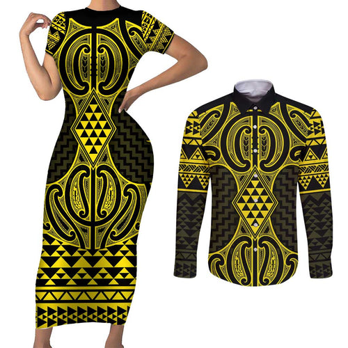 Mahi-dawg Maori Ta Moko Poutama Art Couples Matching Short Sleeve Bodycon Dress and Long Sleeve Button Shirt