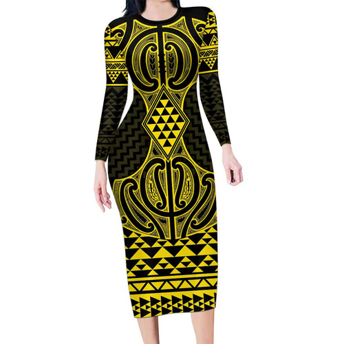 Mahi-dawg Maori Ta Moko Poutama Art Family Matching Long Sleeve Bodycon Dress and Hawaiian Shirt