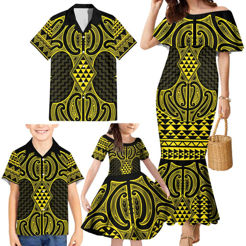 Mahi-dawg Maori Ta Moko Poutama Art Family Matching Mermaid Dress and Hawaiian Shirt